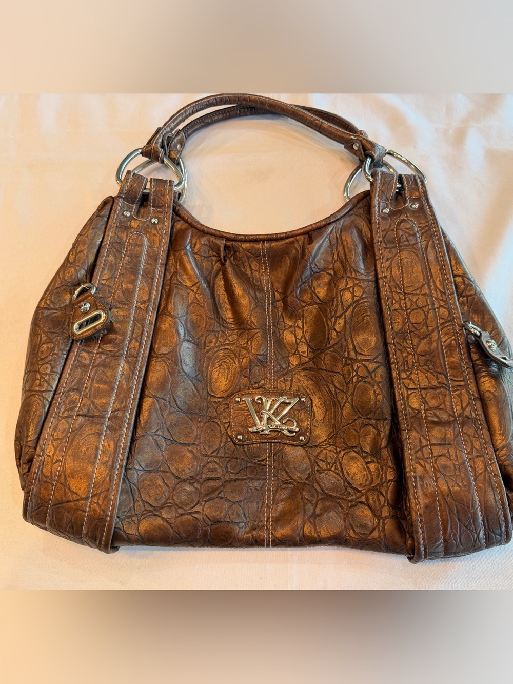 Vintage Kathy Van Zeeland Brown Croc-Embossed Metallic Large Shoulder Bag